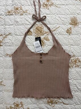 Ribbed Halter Tie Crop Camisole in Taupe